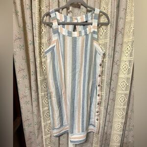 For Cynthia Linen Blend Stripe Shift Dress Side Button Detail Size L